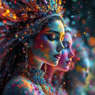 The primary subject of the image is a woman with a colorful, rainbow-colored face. She is wearing a crown and has a colorful, painted appearance. The setting is a colorful, artistic background that complements the woman's vibrant appearance. The visual style is a combination of photo and digital art, creating a unique and eye-catching image. The colors and mood are lively and energetic, with the woman's face being the center of attention and drawing the viewer's focus.